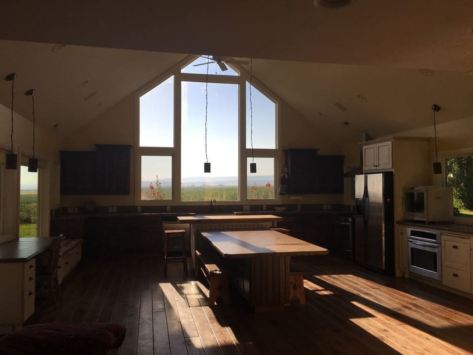 kitchen, big windows look out to east