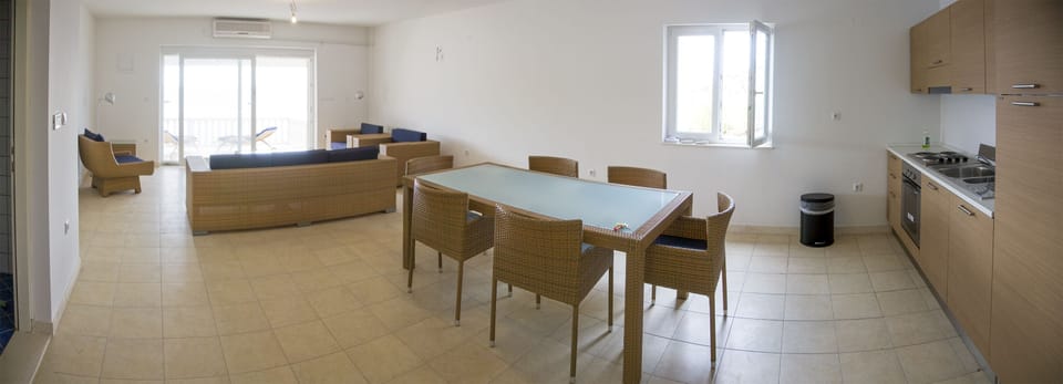 Living room and kitchen in the lower apartment