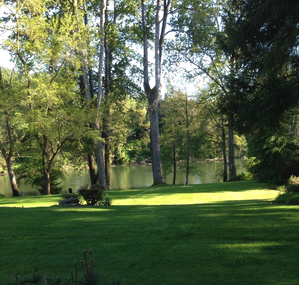 The walk to the river bank is a gentle grassy slope.