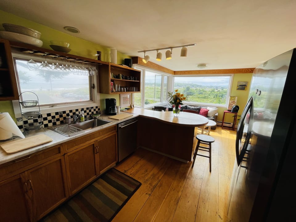The kitchen looking back toward the corner