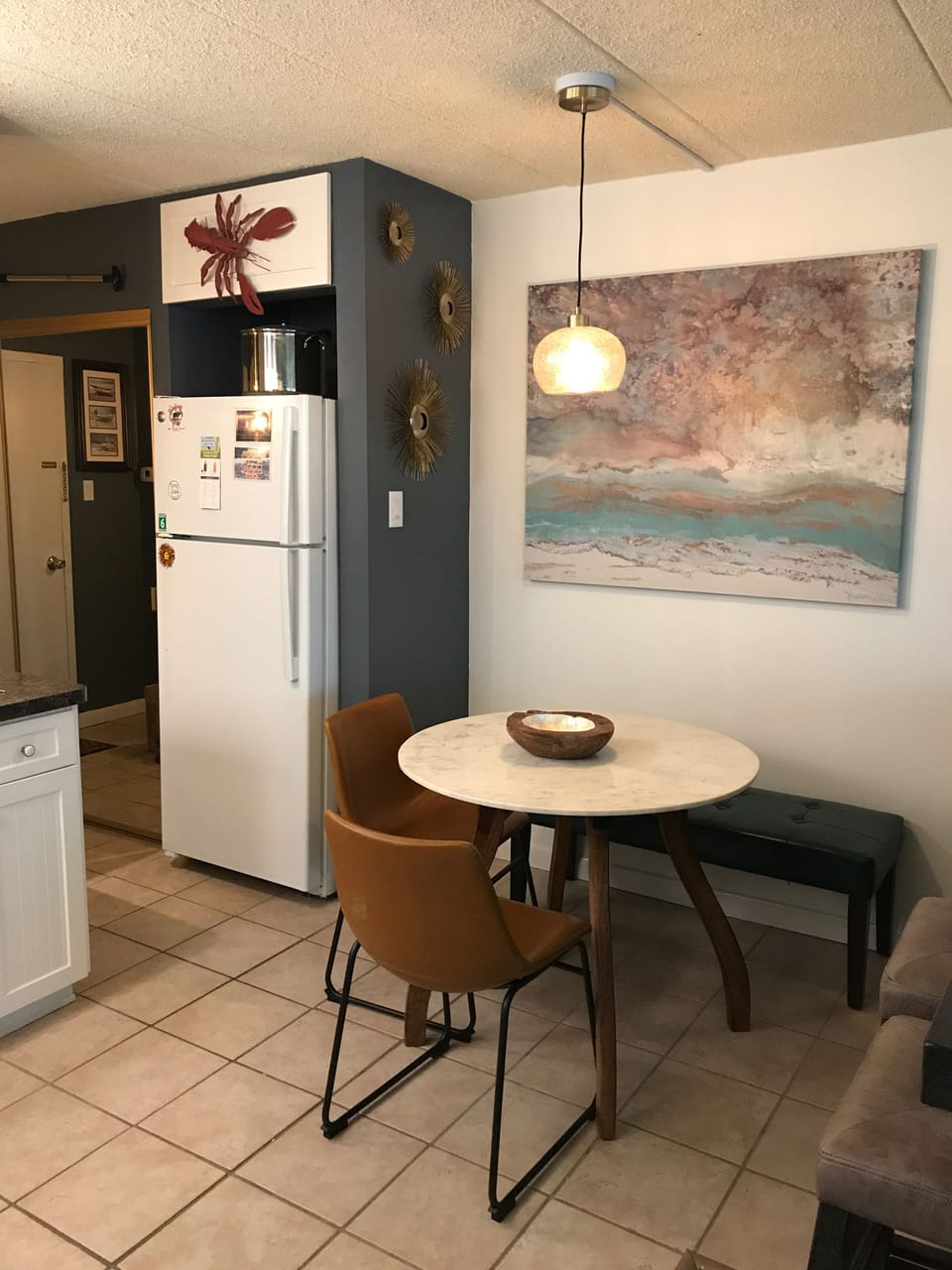 Brand new table, chairs and bench in updated kitchen