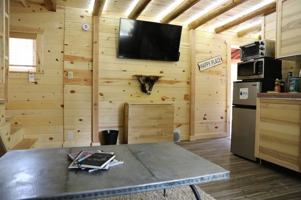 view from sofa of the dining table (folded under TV, and the chairs are in the closet) and the large screen smart TV.