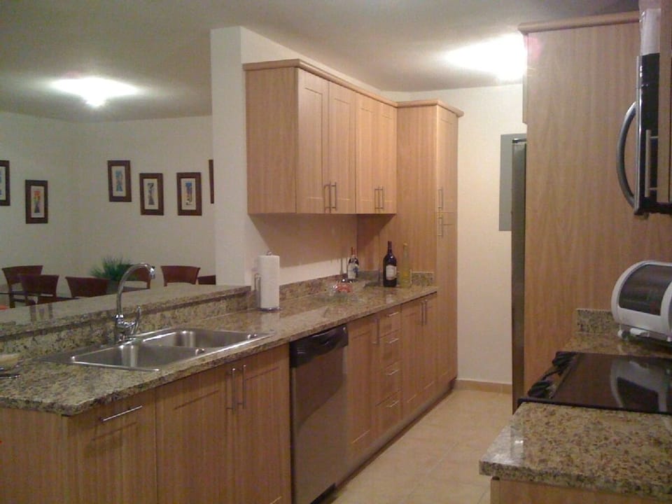 Granite countertops, dishwasher, coffee machine and stainless steel appliances