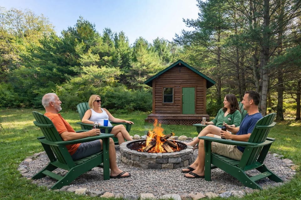 Private firepit tucked into the wooded backyard, surrounded by mature trees and far enough from neighbors that the only sounds you'll hear are the fire and the night