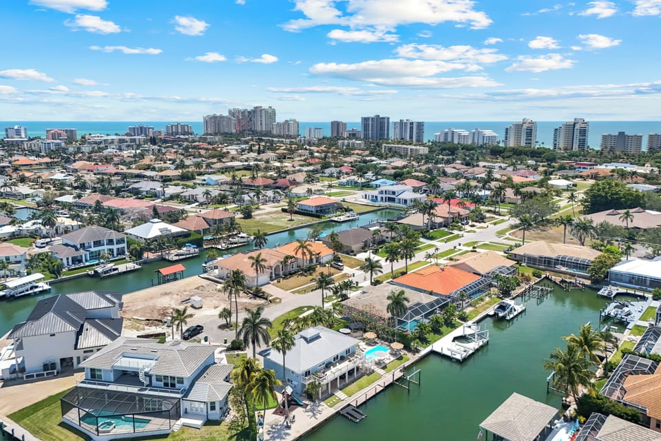 Aerial view of Journey's End water front location with 160 feet of waterfront