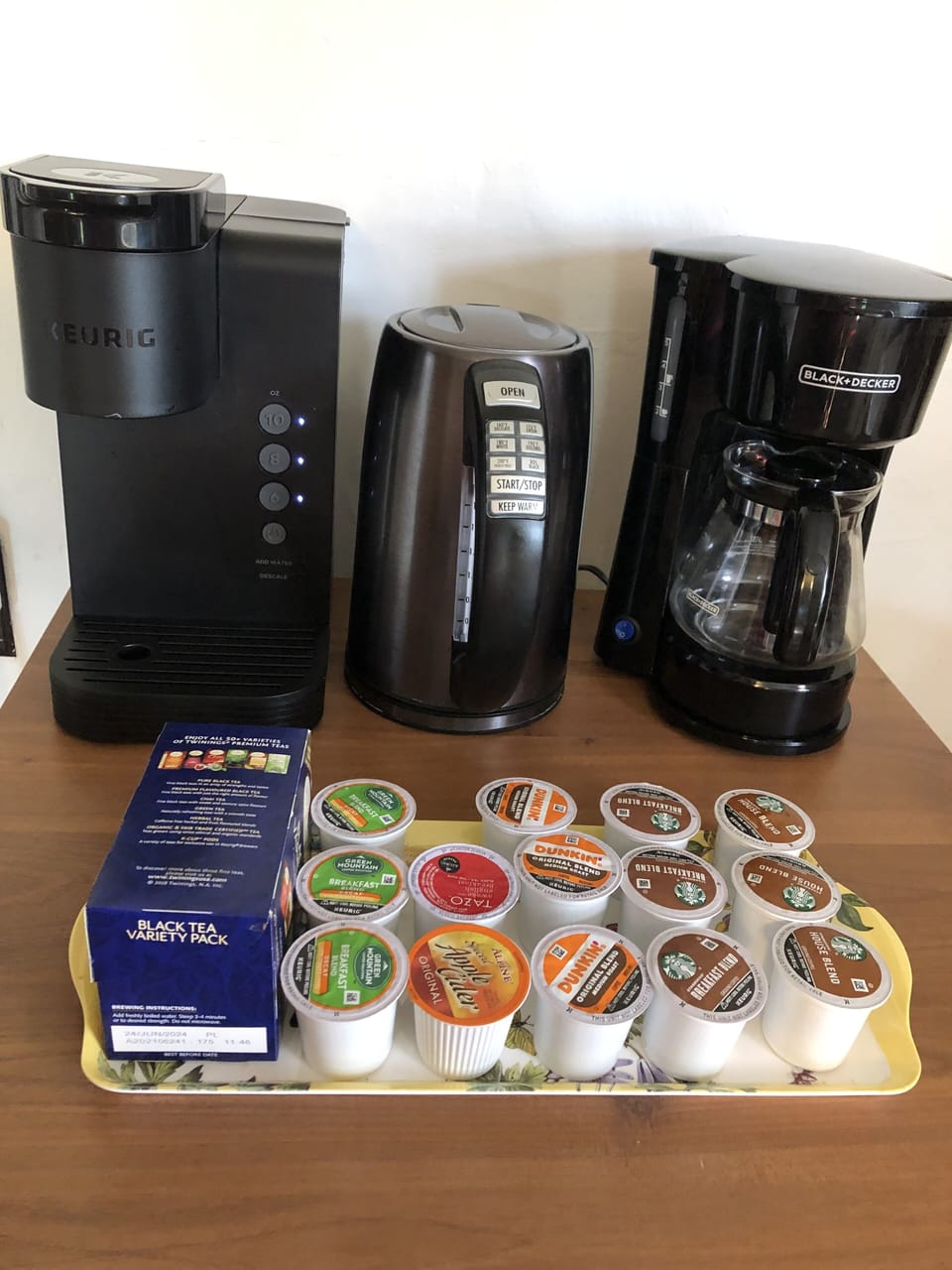 Lots of hot drinks available (via Keurig, coffee maker & hot water kettle).