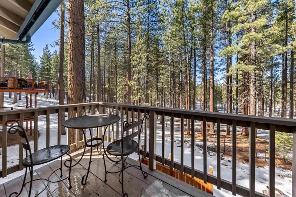 Private outdoor space surrounded by Tahoe pines, providing another place to enjoy the home's peaceful Montgomery Estates setting.