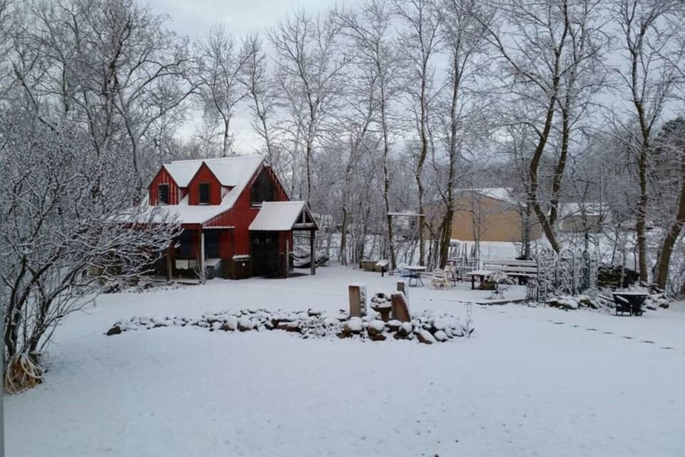 Brrr, but cozy and warm inside with a glowing fire.