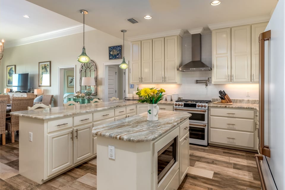 marble counters, plenty of cabinets. Fully stocked