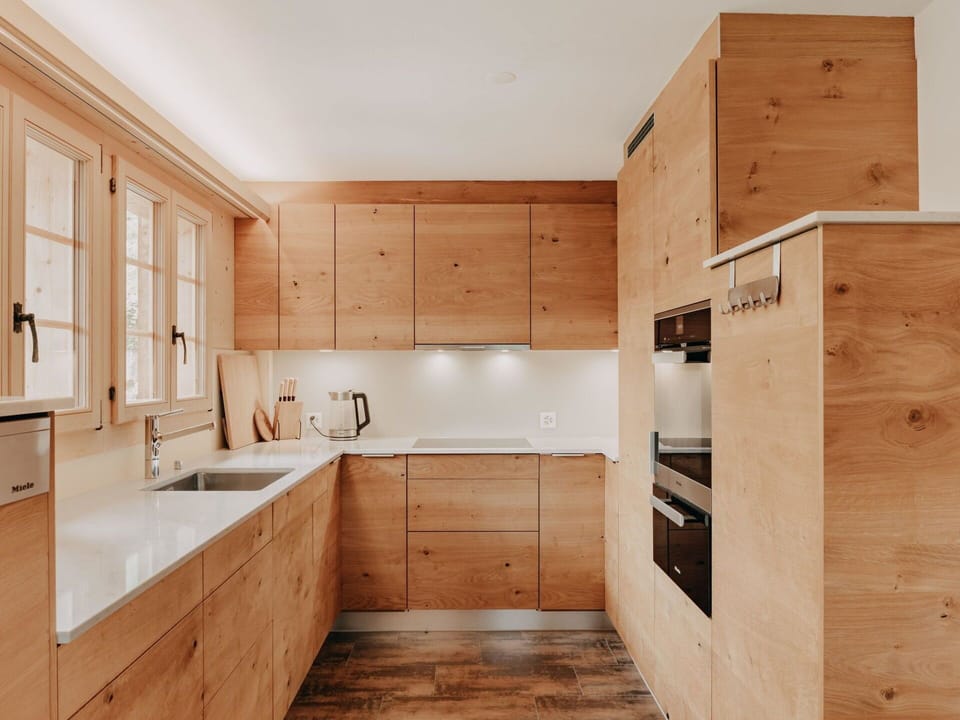 Brown, Cabinetry, Countertop, Kitchen Sink, Sink, Wood, Kitchen, Interior Design, Tap, Flooring