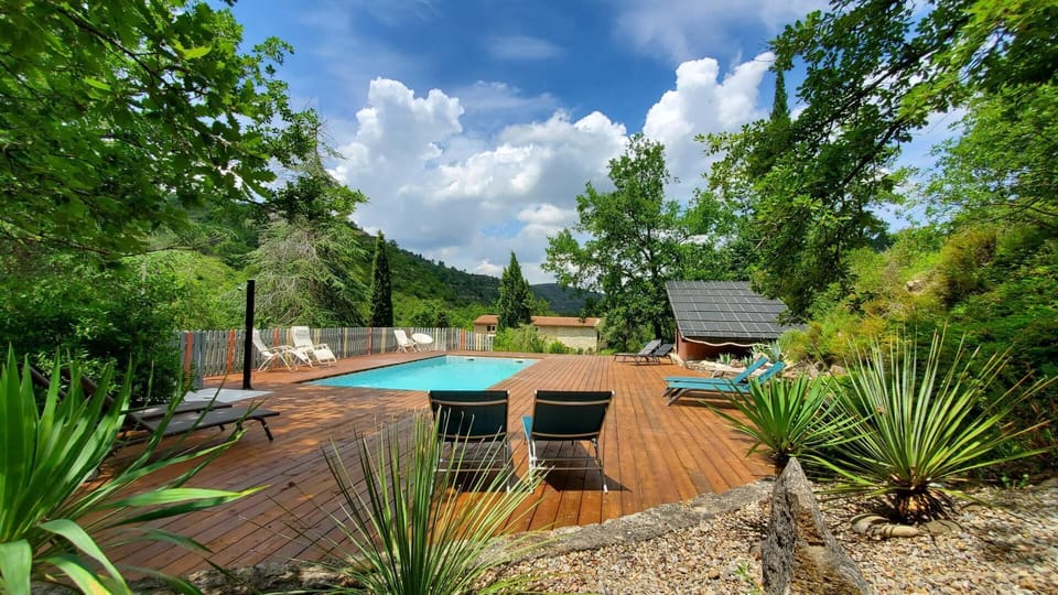 New heated saltwater pool with wooden terrace. It is shared by all guests.