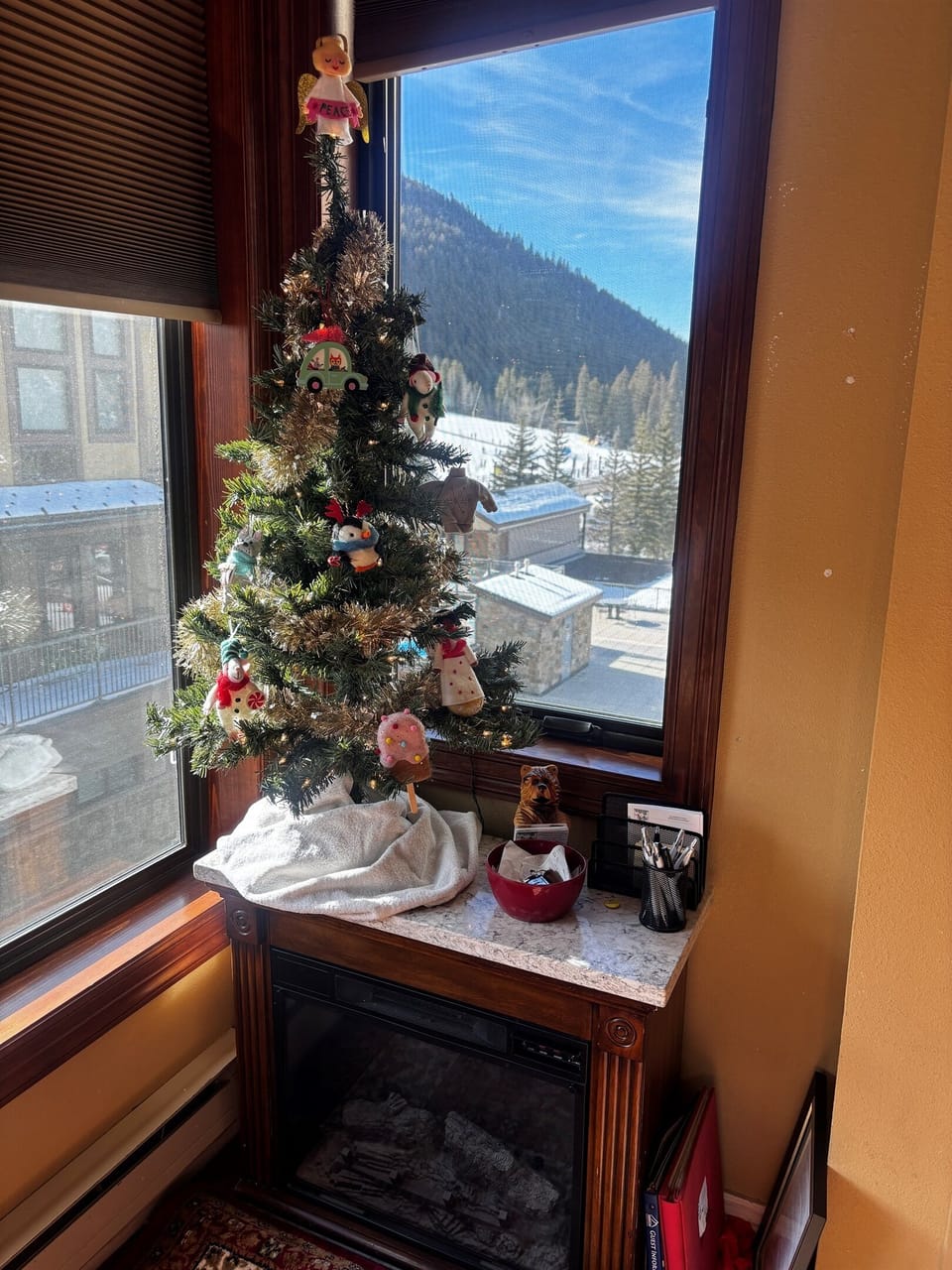 Cozy fireplace (decorated for the holidays)