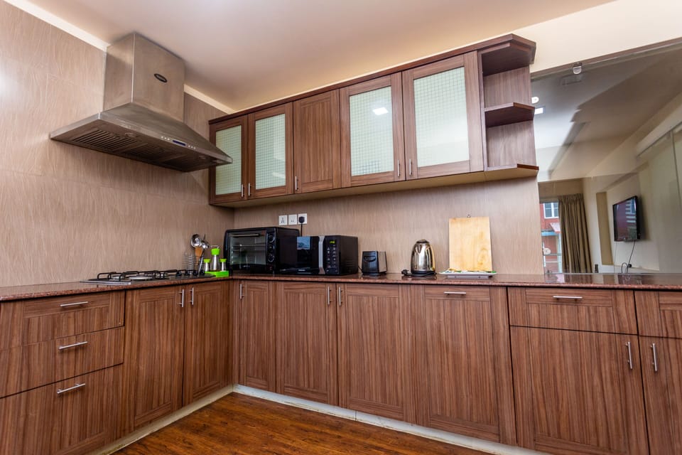 The kitchen is large and is well equipped