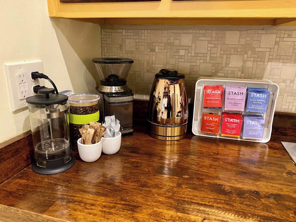 We hope you'll enjoy our selection of Stash teas and the locally roasted coffee beans (and french press).