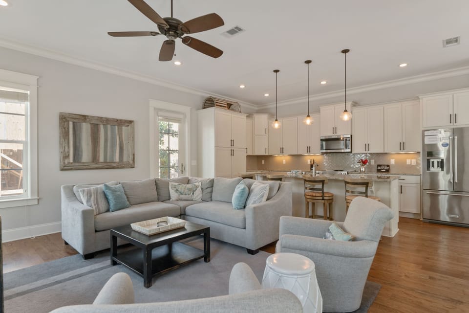 Relax on the large sectional after day at the beach, watch your favorite movies