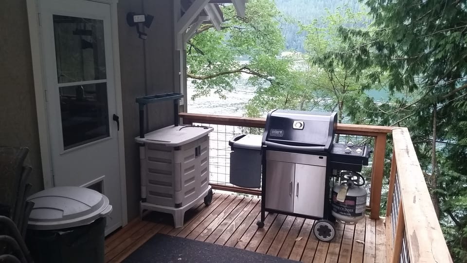 Grill only available May to Oct.  West patio on upper level just off of kitchen.