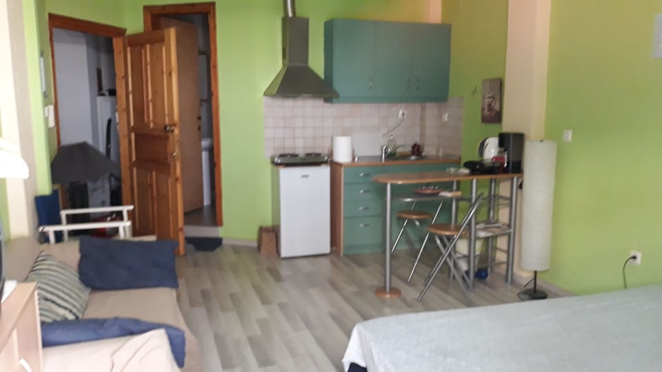 Full caption of the kitchenette and the bathroom in the background