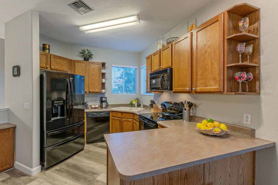 Our well stocked kitchen has everything the chef dreams of for prepping and serving meals.