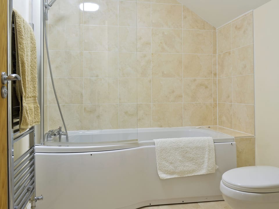 Family bathroom with shower over bath | Hare Lodge - Copper Penny Apartments, Chipshop, near Tavistock
