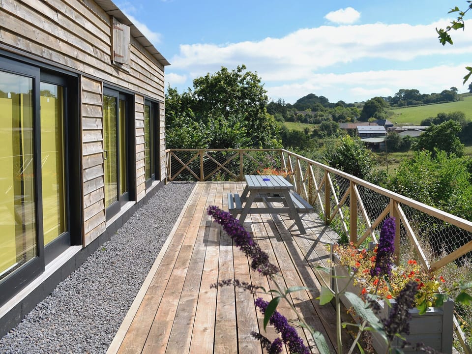 Large enclosed patio with garden furniture | The Shed with a View, Cadbury, near Crediton