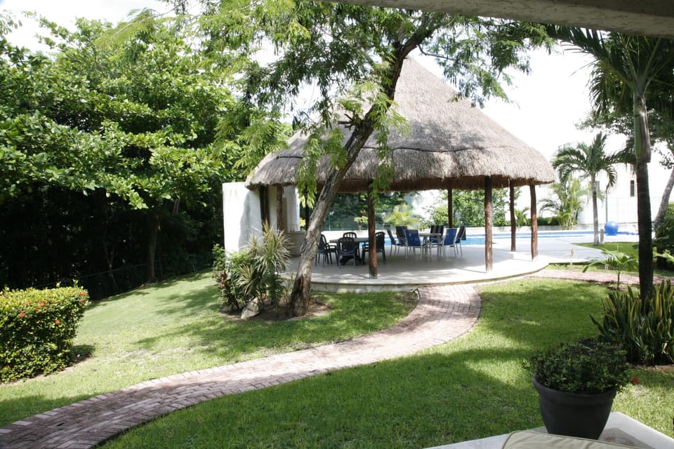 The gazebo offers shade and plenty of seating.