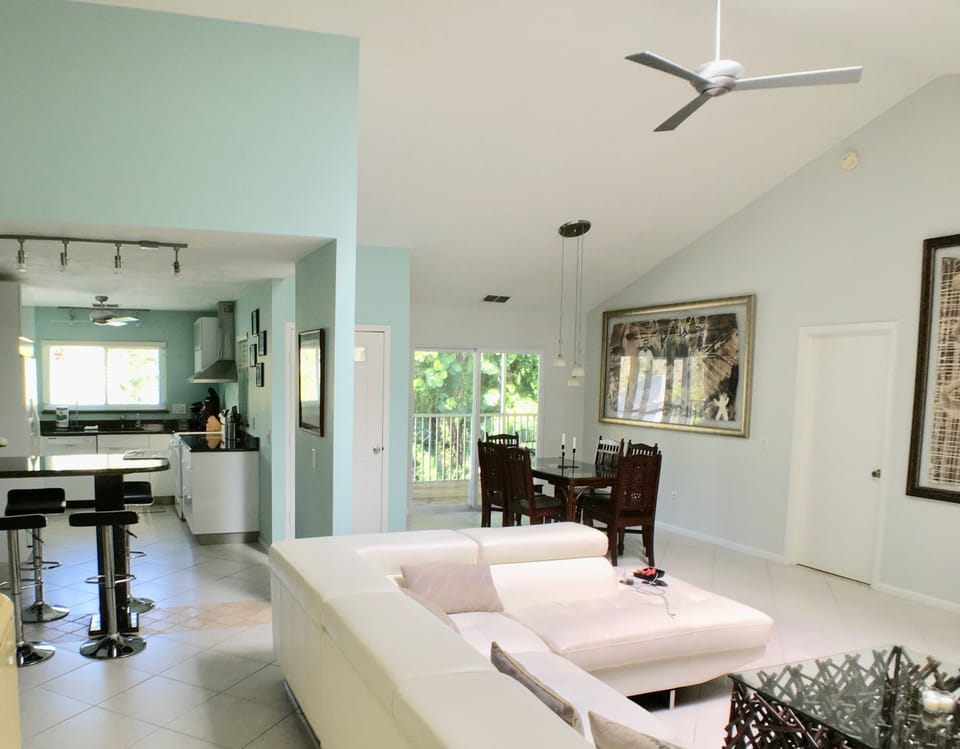Living room, kitchen and dining area.