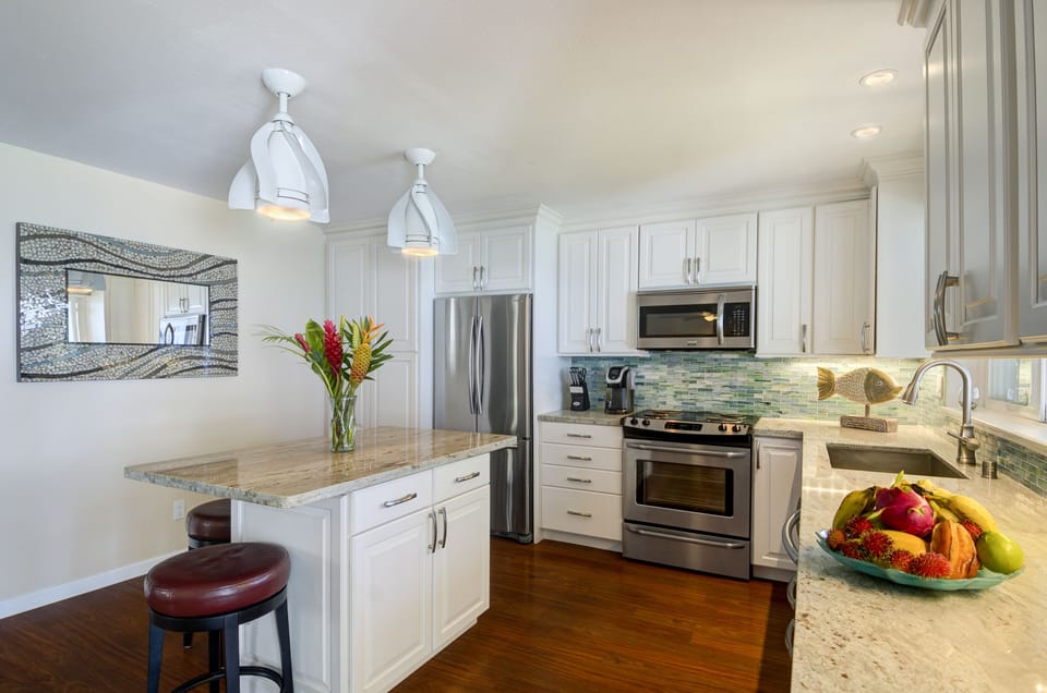 The kitchen island has a view from every seat.  