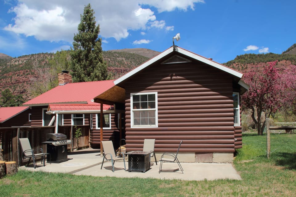 back of cabin with gas fire table and gas grill