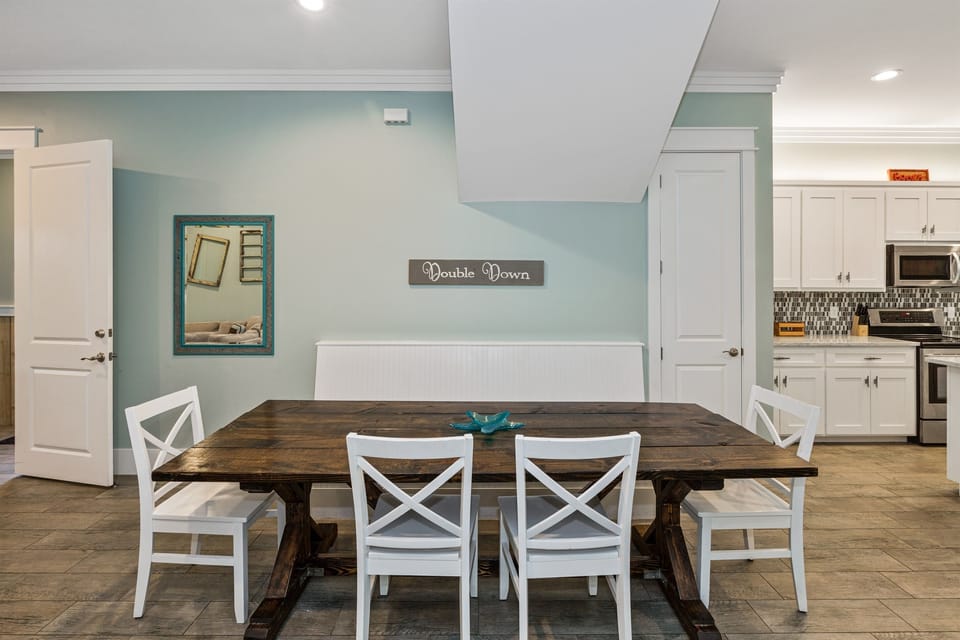 Custom-designed table and seating bench allow for roll up access.