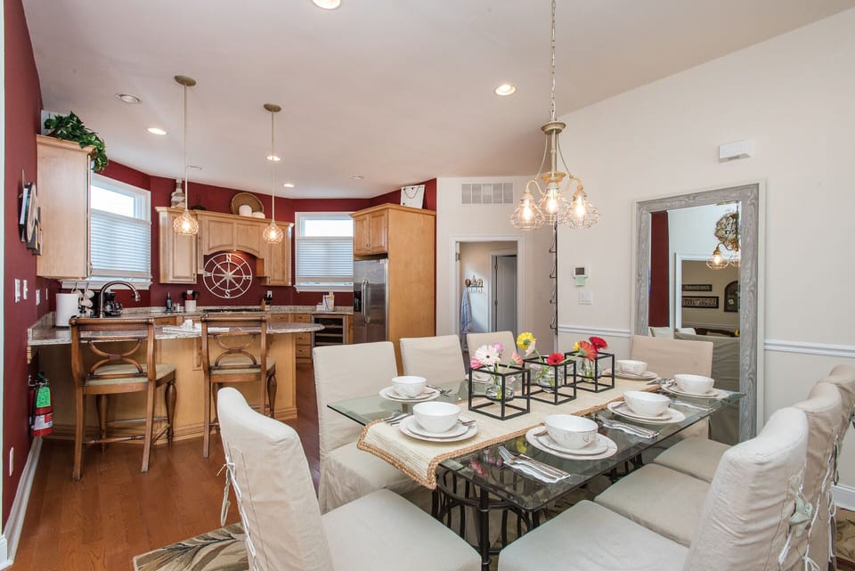 Family gatherings and games at expansive dinning table with seating for 10
