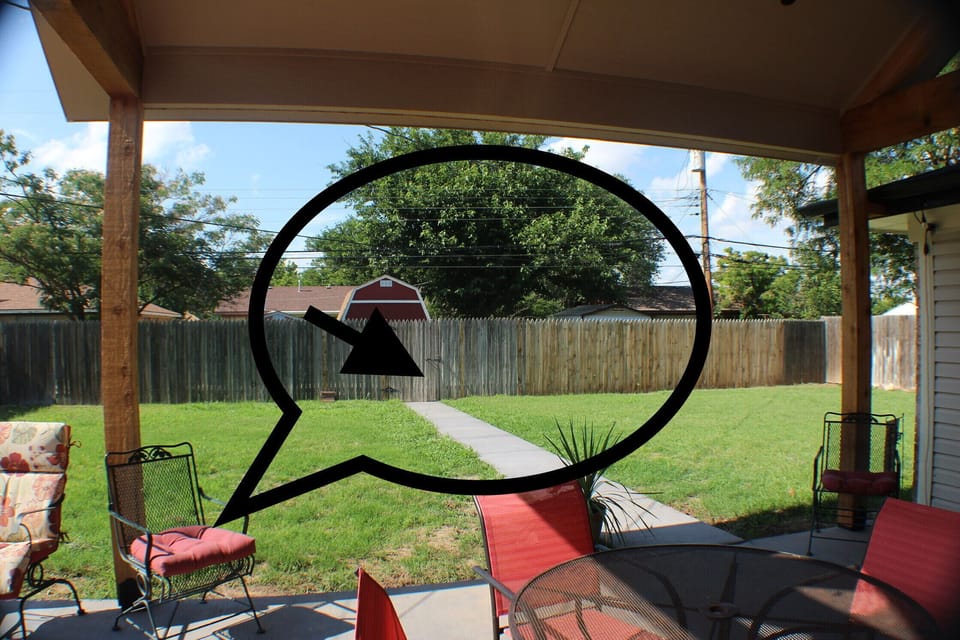 Take trash to Alley down path to gate and then to trash dumpster on left.