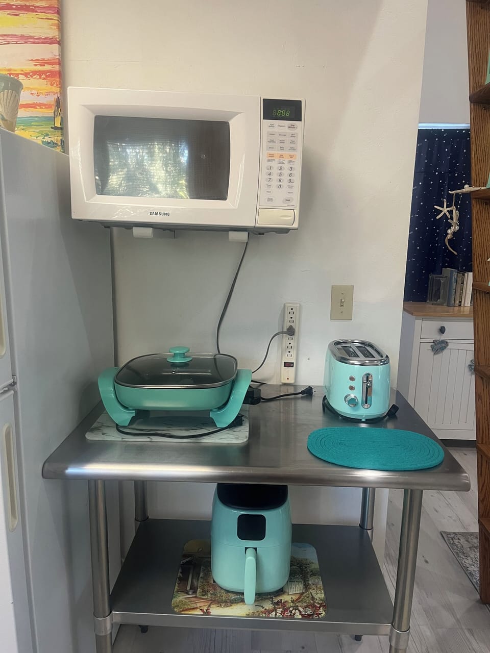 Large fridge, microwave, toaster,  skillet and air fryer