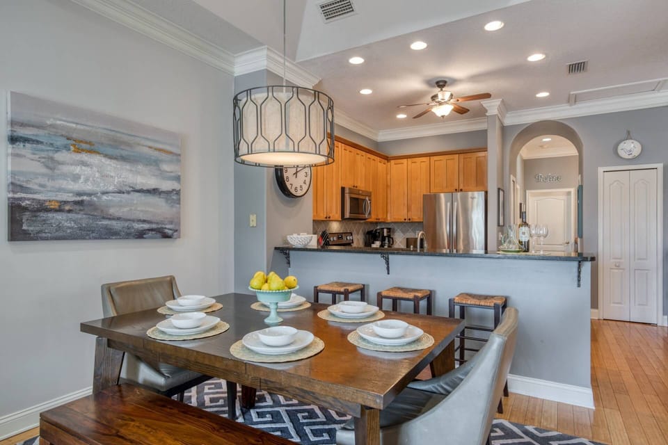There is plenty of dining seating at the table and breakfast bar.
