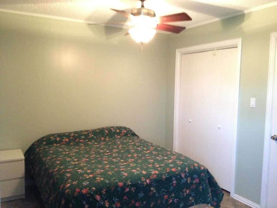 Master bedroom is bigger than it looks and the bedding has been replaced.