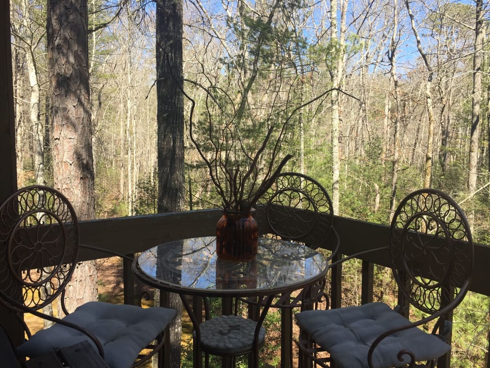 Porch off of the living room with charcoal grill.