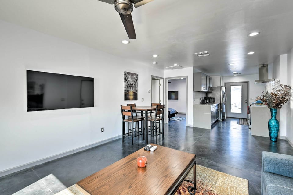 The living area flows effortlessly into the kitchen.