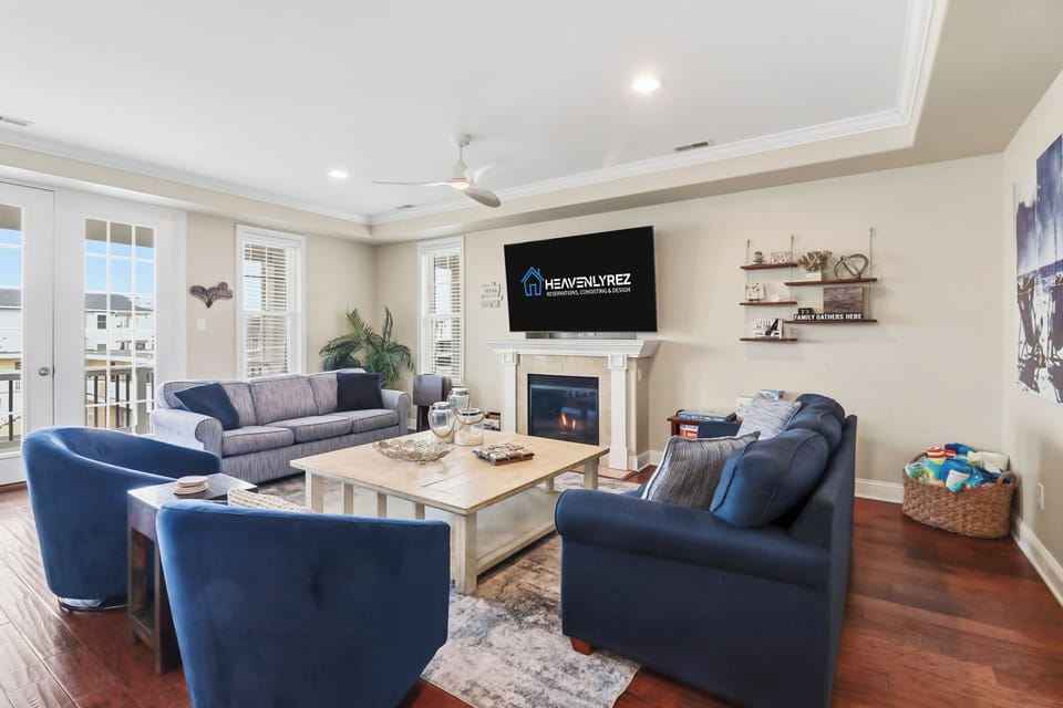Cozy family room with fireplace and games