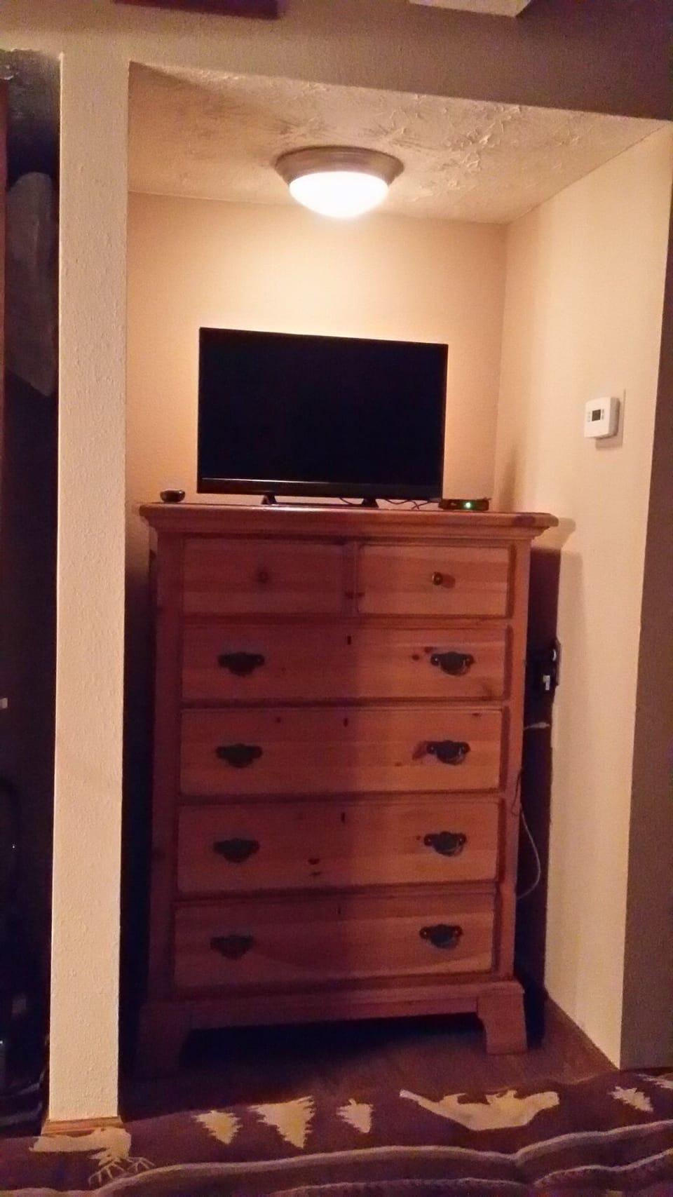 Brand new flat screen and lots of storage space for extended stays
