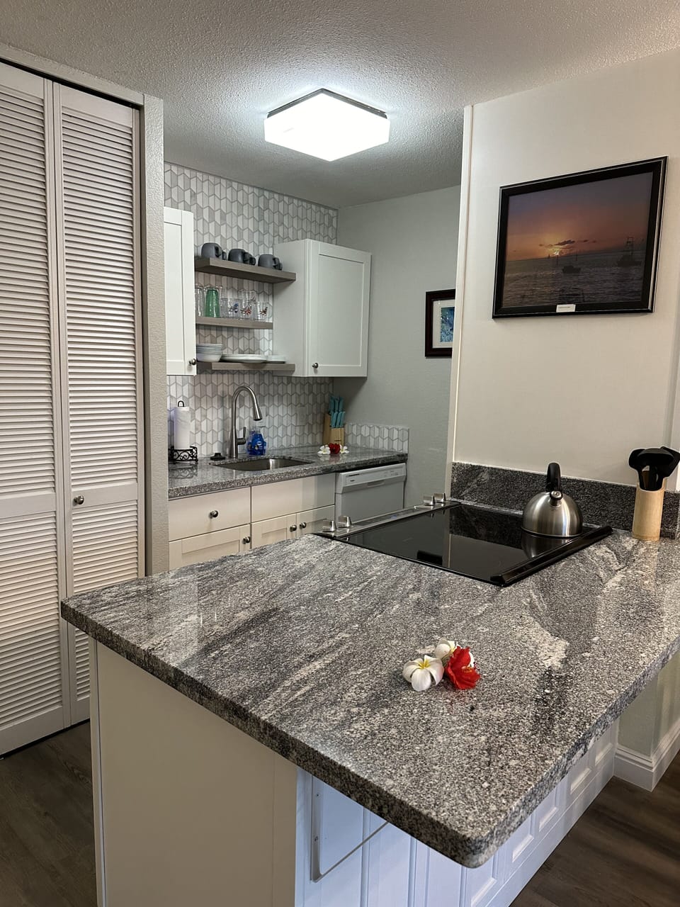 Brand new kitchen including cabinets, granite countertops, backsplash, and stove