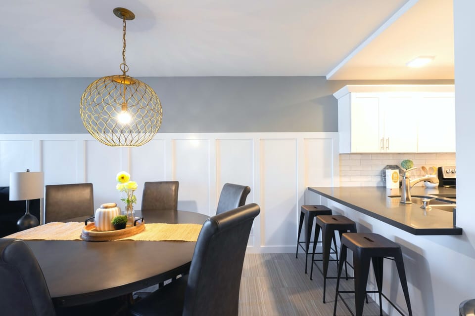 Dining table and kitchen bar stools