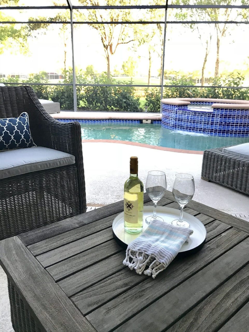 Large lanai area with pool and spa overlooking the golf course. 
