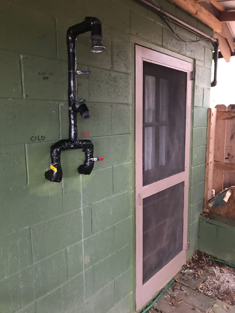 Outdoor shower with fence & shower curtains for privacy