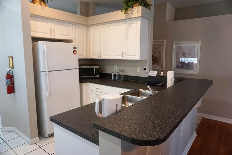 Double sink, refrigerator, microwave