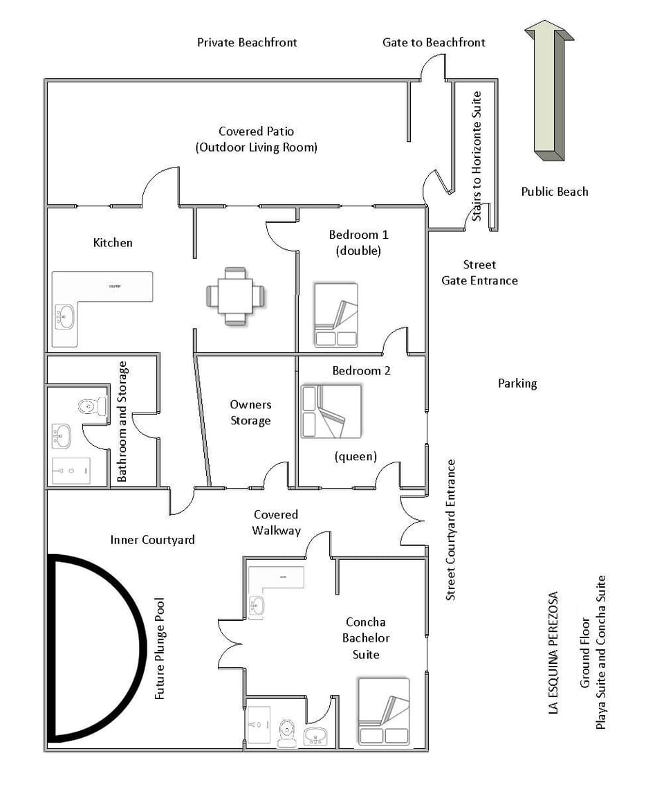 Layout of the bottom floor of our beach house. Not to exact scale. 