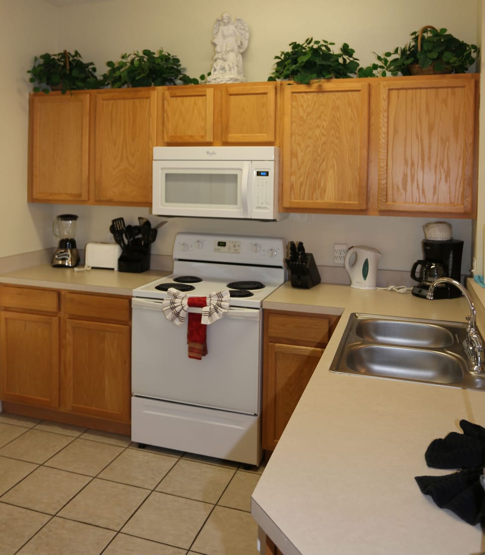 Kitchen is equipped for 8 people and has a  dishwasher, stove and microwave.