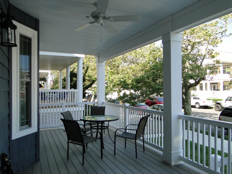 Tables and chairs on front deck.