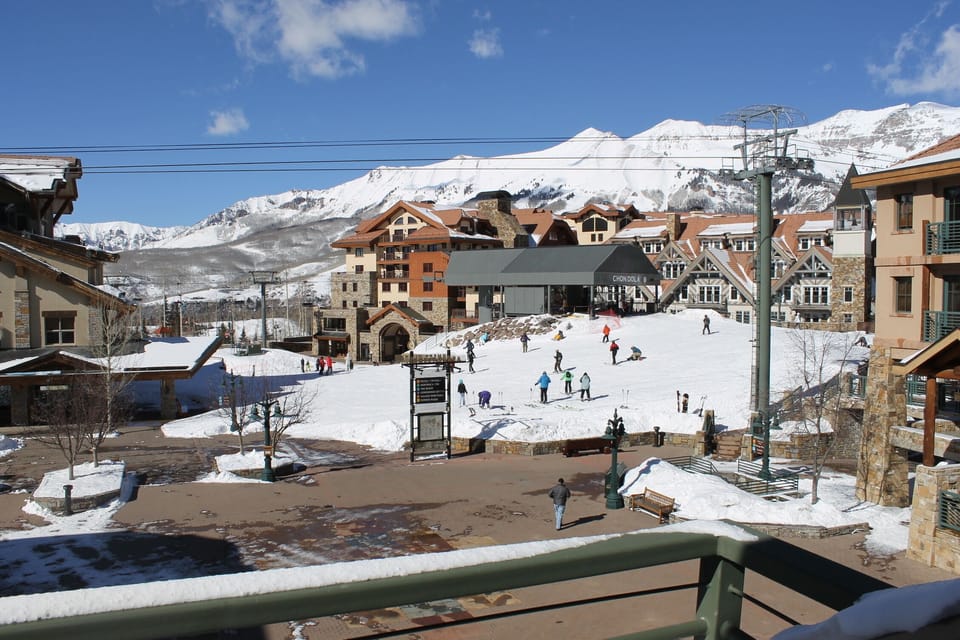 Sunshine Plaza ski access from balcony of condo
