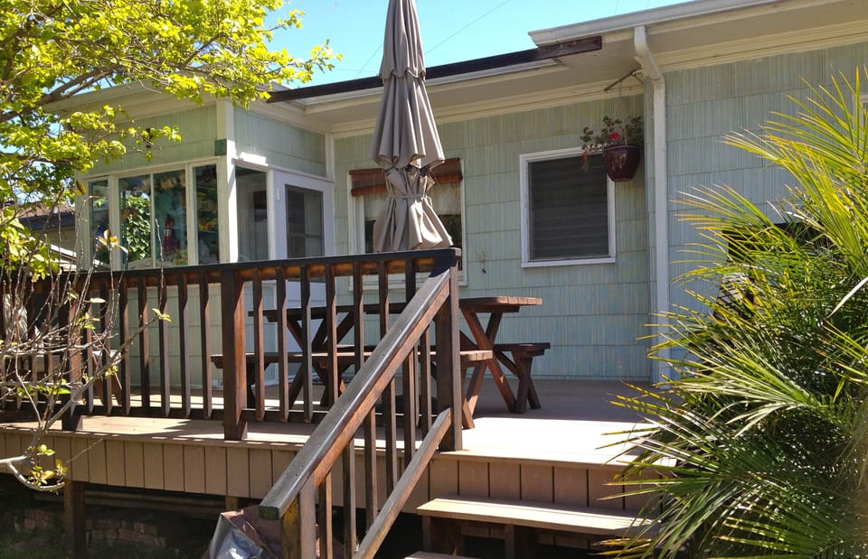 Huge back deck.  French doors open to  kitchen.  