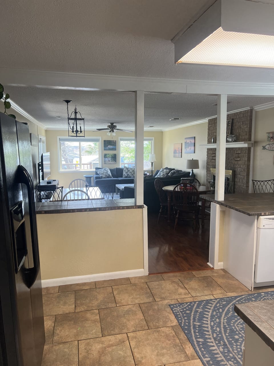 Kitchen, dining, and living room.