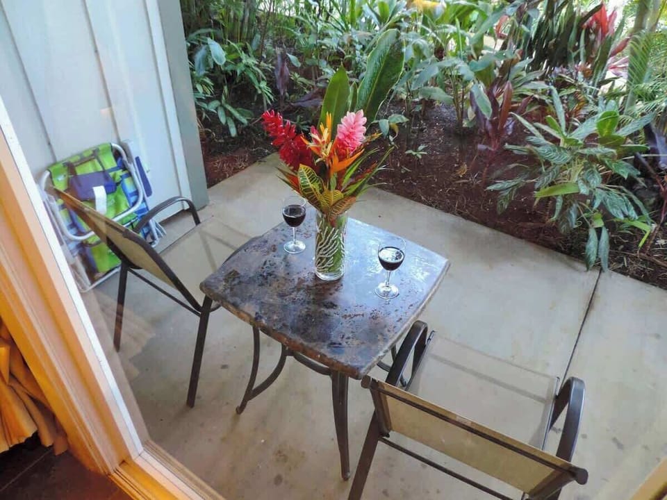 Lanai is surrounded by tropical gardens